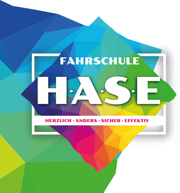 Titel der Visitenkarte der Fahrschule H-A-S-E – das Logo auf buntem Hintergrund